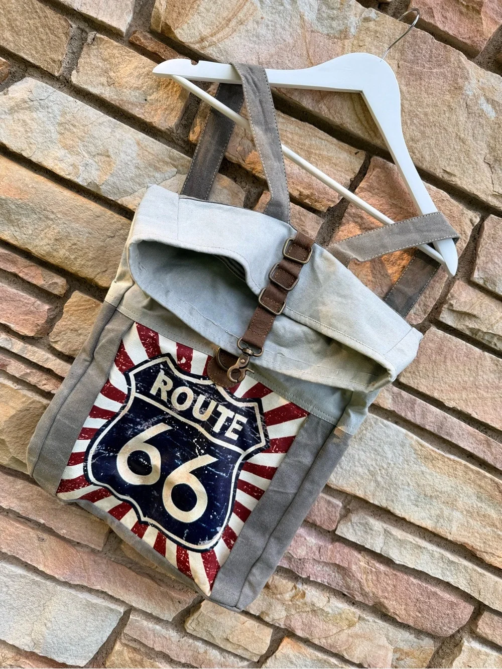 Canvas & leather Route 66 Backpack -Gray made w/all recycled material
